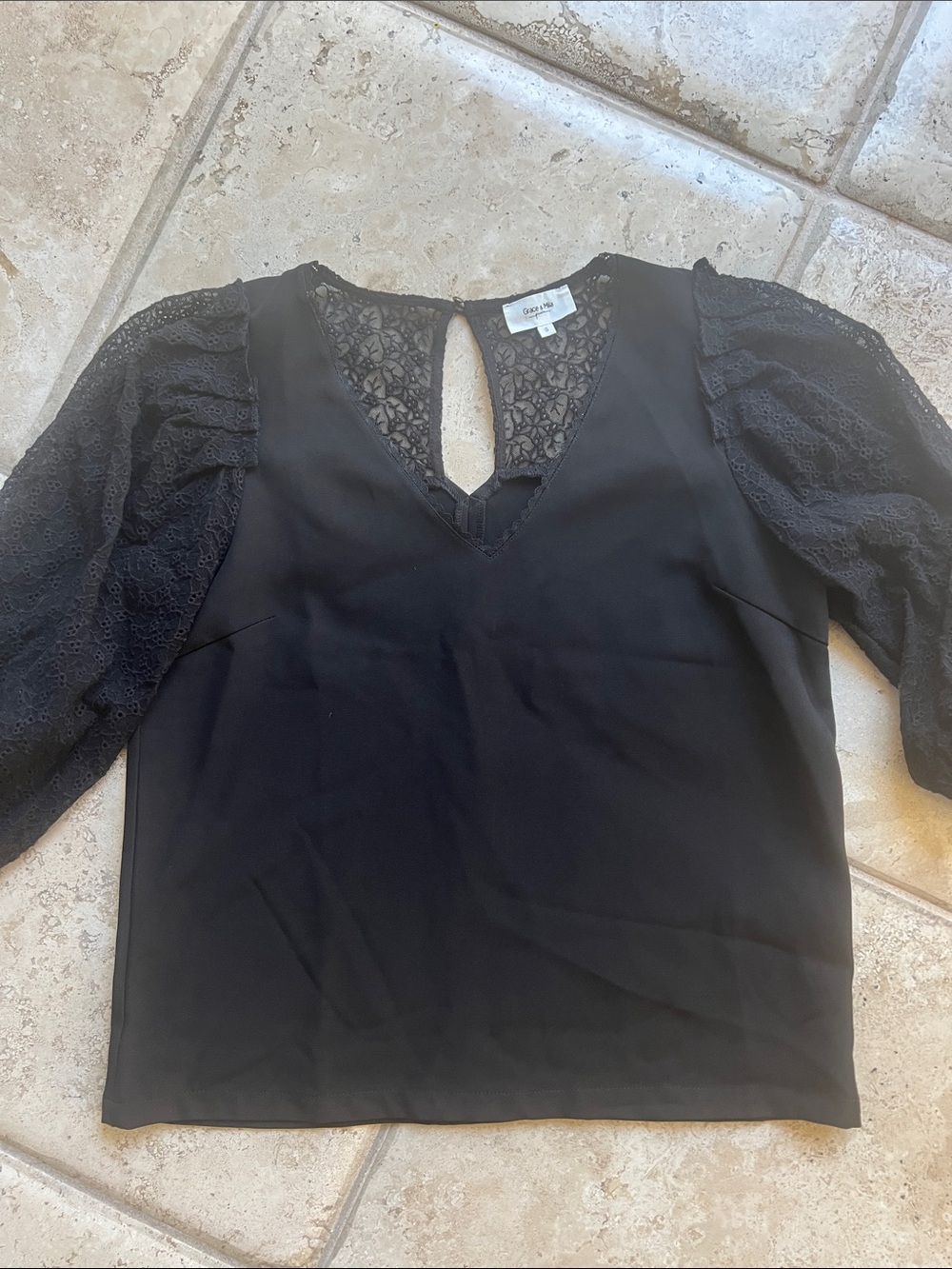 Lace Sleeve V-Neck Blouse - Black